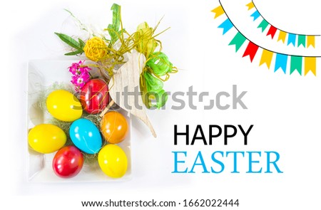 Happy easter greeting card with eggs, bird and flowers on white background