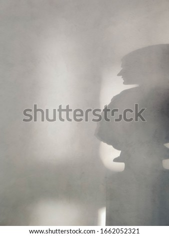 Bust sculpture shadow background. Head of an antique  man shadow and sunlight dappled on white concrete wall texture.