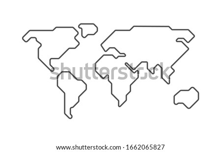 World vector map. Earth planet simple stylized continents silhouette, minimal simplified line contour. Shape isolated on white. Abstract illustration for infographic, interior decorate, wallpaper.