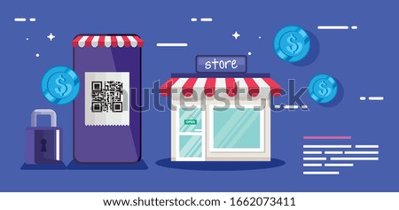 qr code smartphone store padlock and coins design of technology scan information business price communication barcode digital and data theme Vector illustration