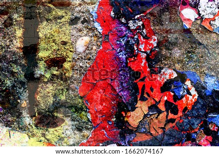 Surface texture with many colors on a concrete wall with a strong porous and cracked surface structure. For abstract backgrounds. 