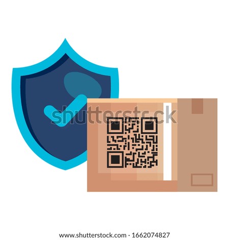 qr code over box and shield design of technology scan information business price communication barcode digital and data theme Vector illustration