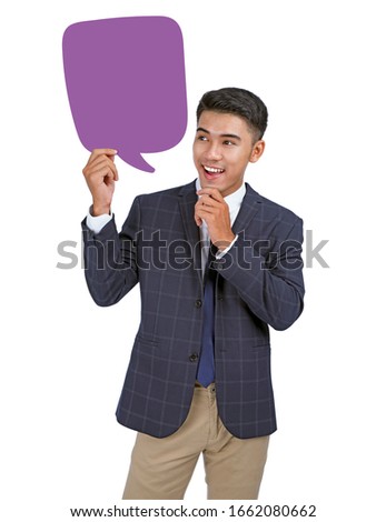 Asian handsome young business man holding concept bubble speech, isolated on white background, with copy space Royalty-Free Stock Photo #1662080662