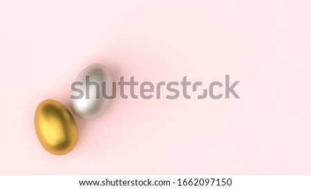 Easter decoration, foil minimalist egg design, modern design template. Gold, silver shiny Easter eggs on pink pastel background with space for text, flat lay image composition, top view. 