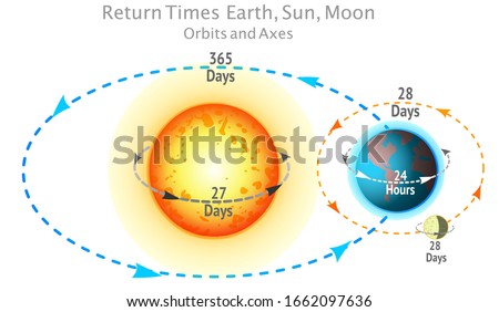Return times, speed, periods. Sun, Earth, Moon Orbits, axes lines. Interplay of Day, night, year, seasons formation. Rotation itself. While, movements, directions and angles.  Explanation white Vector