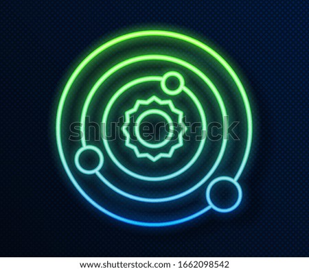 Glowing neon line Solar system icon isolated on blue background. The planets revolve around the star.  Vector Illustration