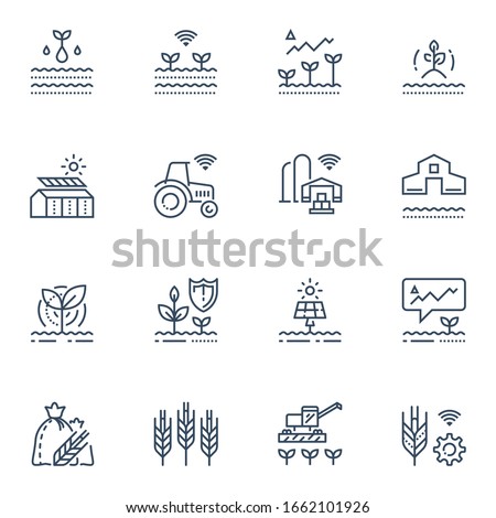 Agriculture technology and innovation, agritech concept, automation system, yield improvement, smart machinery, hothouse with solar panel, farming efficiency, increase harvest, vector line icon set Royalty-Free Stock Photo #1662101926