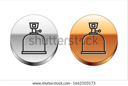 Black line Camping gas stove icon isolated on white background. Portable gas burner. Hiking, camping equipment. Silver-gold circle button. Vector Illustration