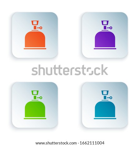 Color Camping gas stove icon isolated on white background. Portable gas burner. Hiking, camping equipment. Set colorful icons in square buttons. Vector Illustration