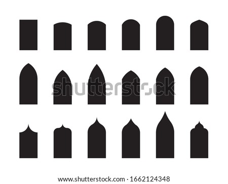Shapes of architectural types of Gothic style arches and windows. Big set of characteristic architectural forms. Vector illustration Royalty-Free Stock Photo #1662124348