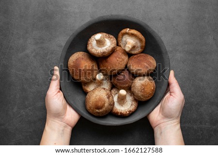Shiitake mushroom on dark background top view.  Fresh Shiitake mushroom flat lay. Royalty-Free Stock Photo #1662127588