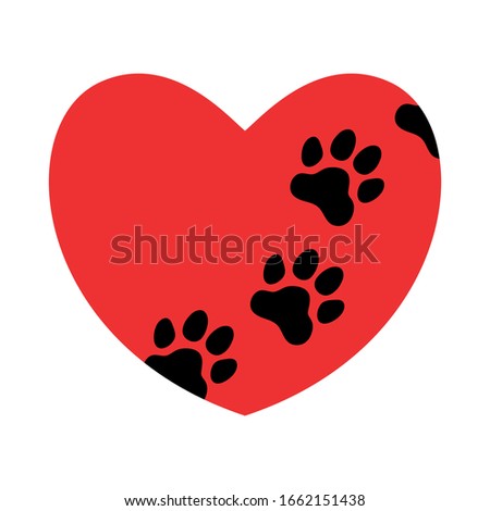 Red heart with paw prints. Love to animals (dogs, cats, pets, wild animals). Pets friendly. Icon. Sign. Vector illustration.