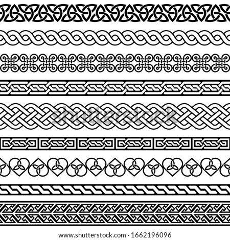 Celtic vector semaless border pattern collection, Irish braided frame designs for greeting cards, St Patrick's Day celebration. Retro Celtic collection of braided ornaments in black and white Royalty-Free Stock Photo #1662196096