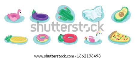Air mattresses flat color vector objects set. Rubber rings for kids. Beach equipment. Accessories for sea vacation. Inflatable pool toys 2D isolated cartoon illustrations on white background
