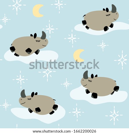 Baby boy bedding textile seamless pattern with vector sleeping rhino isolated clipart on a blue background with clouds, moon and stars. Animal and nature repeat design for nursery decoration.