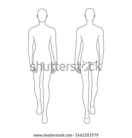 Fashion template of walking men. 9 head size for technical drawing. Gentlemen figure front and back view. Vector outline boy for fashion sketching and illustration.