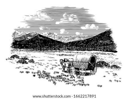 Woodcut-style illustration of a horse-drawn wagon heading west towards the mountains.
