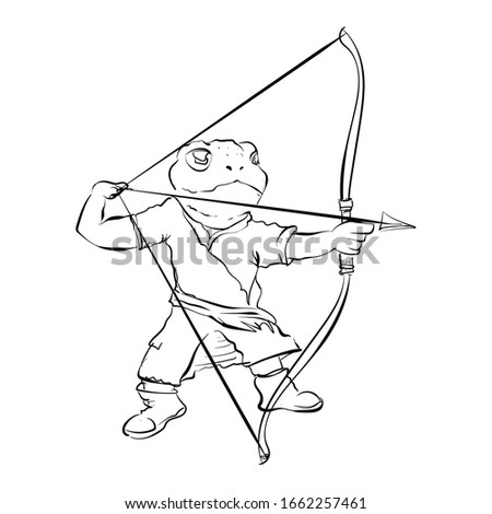 hand drawn frog warrior cartoon . line drawing frog for coloring book. Doodle art. sketch frog archer 