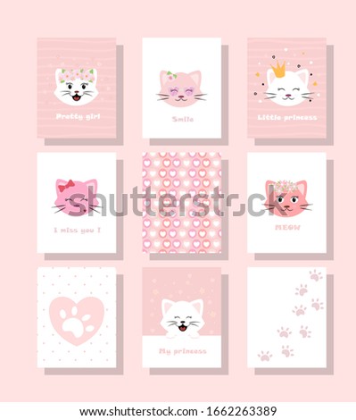 Cute drawing of a cat's face with an inscription. Cute kitten vector illustration set of children's greeting cards for invitation, birthday party in a flat design.