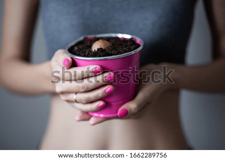 Woman holds a pink flower pot with avocado sprout over her belly. Conceptual photo