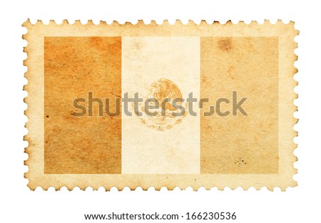 Water stain mark of Mexico flag on an old retro brown paper postage stamp. 
