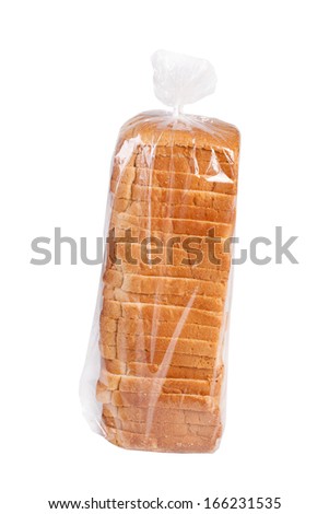 Sliced bread in plastic bag isolated on white. Royalty-Free Stock Photo #166231535