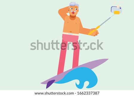 Happy summer characters- An illustration of a man takes selfies while surfing. A vector of cheerful vacation time, this character illustration can use as a sticker also.