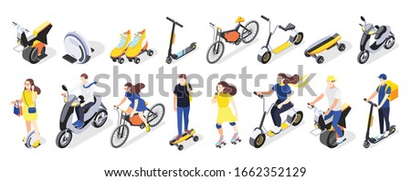 Modern city personal eco transport isometric icons set of skateboards bicycles gyro scooters electric vehicles vector illustration