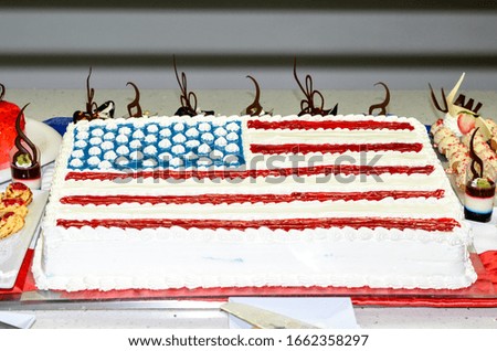 American flag shaped cake in a buffet for dinner