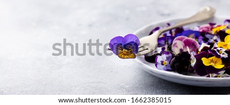 Edible flowers, field pansies, violets on white plate. Grey background. Copy space. Royalty-Free Stock Photo #1662385015