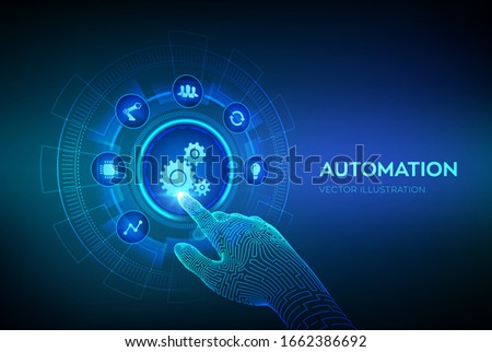 Automation Software. IOT and Automation concept as an innovation, improving productivity in technology and business processes. Robotic hand touching digital interface. Vector illustration. Royalty-Free Stock Photo #1662386692