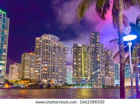 Palms and skyscrapers in Riverwalk Miami at night. Florida, USA