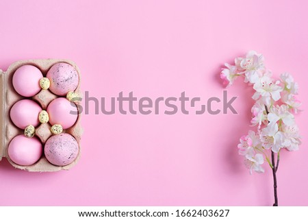 Festive Easter frame from paper box of handmade pink painted eggs and with a sprig of blooming cherry on a same color background.