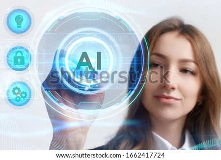 Business, Technology, Internet and network concept. Young businessman working on a virtual screen of the future and sees the inscription: AI