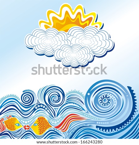 Beautiful pattern sea fishes sun cloud sky vector illustration
