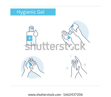 Infographic Steps How to Use Hygienic Gel for Hands Properly. Cleaning Hands with Antiseptic Product. Prevention against Virus, Germs and Infection. Hygiene Concept.  Flat Cartoon Vector Illustration. Royalty-Free Stock Photo #1662437206