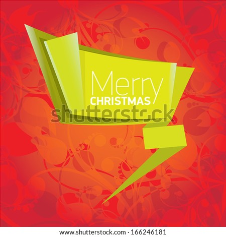 vector merry christmas decorative red floral background with green origami bow or ribbon for greeting text. xmas or happy new year card