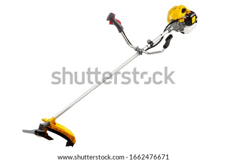 Garden manual lawn mower on a white background