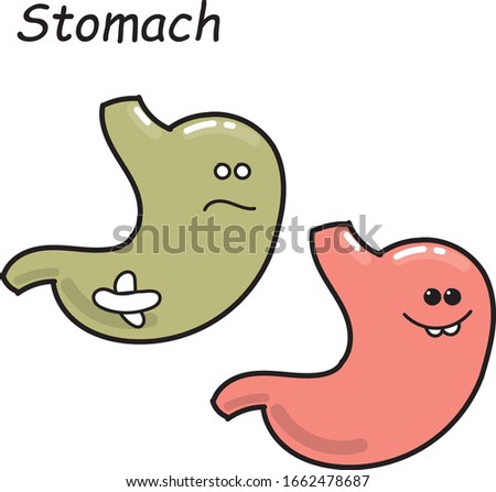 
stock vector illustration drawing in doodle style. internal organ stomach, healthy and sick. color illustration for children on a medical theme.