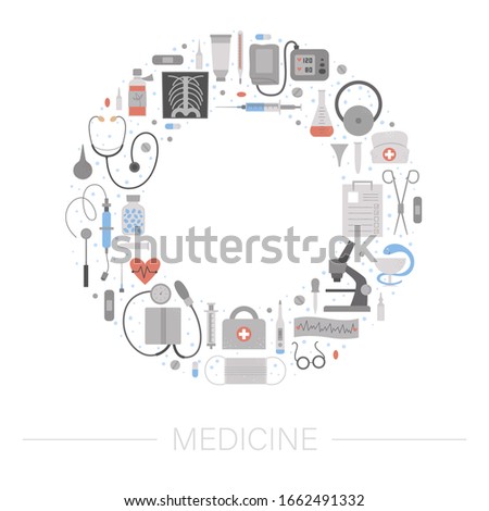 Vector round frame with medical equipment and tools. Medicine elements banner design framed in circle. Cute funny health care, check or research card template