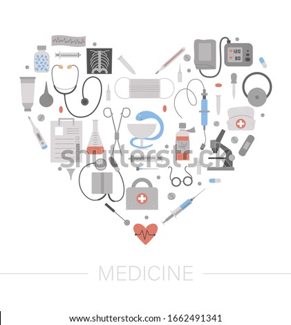 Vector frame with medical equipment and tools. Medicine elements banner design framed in heart shape. Cute funny health care, check or research card template.