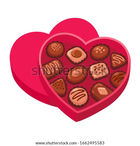Open heart shaped box of chocolates, Valentine's day gift. Isolated vector clip art illustration.