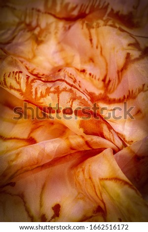 texture, background, pattern, orange silk fabric with abstract print, ground, context, fond, foil, field