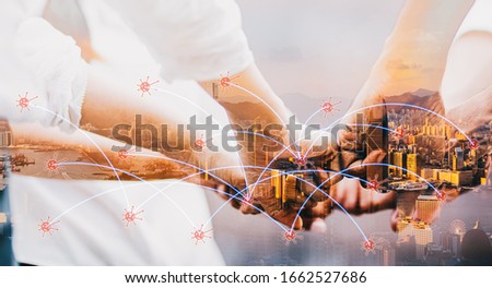 Double exposure people join hand together with smart city and coronavirus disease COVID-19 background. Coronavirus outbreak and coronaviruses influenza, Cooperation protect from virus 2019. Royalty-Free Stock Photo #1662527686