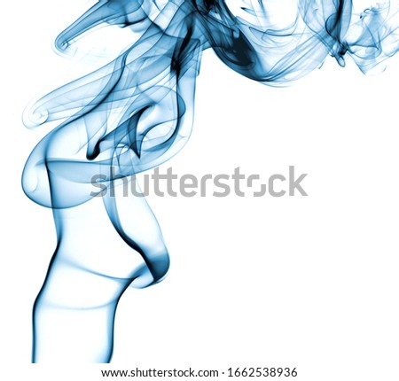 Light and dark blue smoke on white background. Smoke goes from bottom left to top. Smoke swirls into spirals