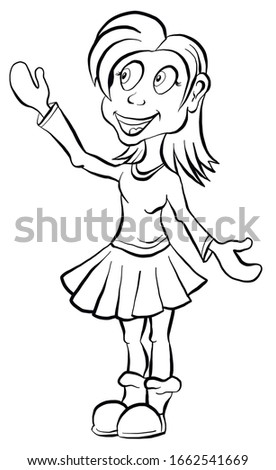 Vector cartoon girl. Coloring girl smiling. Cartoon happy girl showing something.