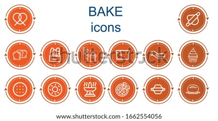 Editable 14 bake icons for web and mobile. Set of bake included icons line Pretzel, Rolling pin, Bread, Pizza, Cupcake, Biscuit, Bagel, Oven, Bun