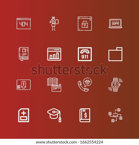 Editable 16 information icons for web and mobile. Set of information included icons line Network, Book, Mortarboard, Medical report, Investment, Call center, Mouse, Folder on red