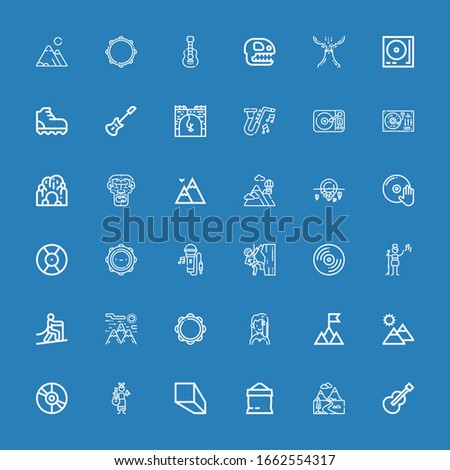 Editable 36 rock icons for web and mobile. Set of rock included icons line Guitar, Mountains, Sugar, Minerals, Vinyl, Mountain, Singer, Tambourine, Climbing on blue background