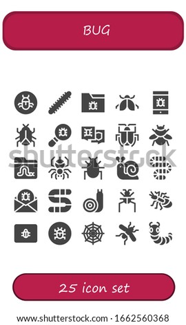 Modern Simple Set of bug Vector filled Icons. Contains such as Bug, Centipede, Virus, Ladybug, Malware, Bumblebee, Worm, Spider and more Fully Editable and Pixel Perfect icons.